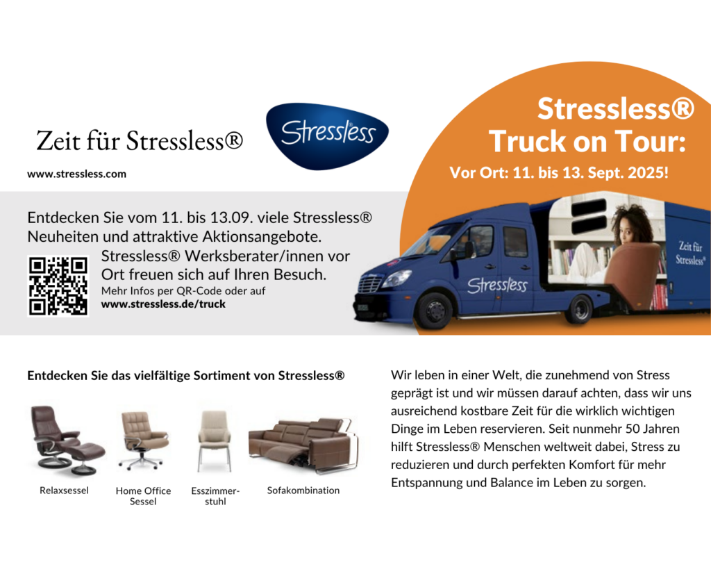 Vom 11. bis 13. September 2025 macht der Stressless® Truck Halt bei Möbel Homann