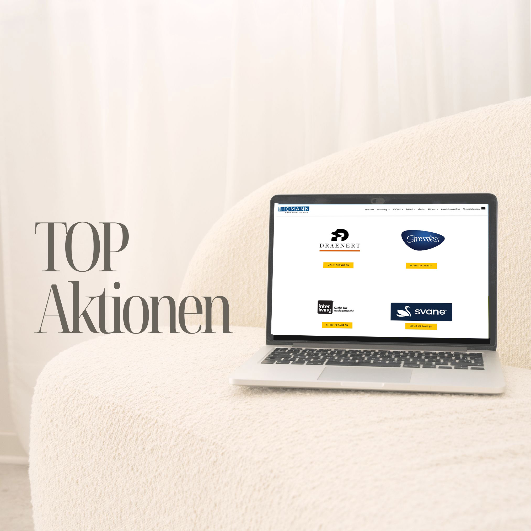 Möbel Homann Top-Aktionen: Draenert, Stressless, Interliving und Svane Möbel Angebote auf Laptop, gemütlich präsentiert auf hellem Sessel.