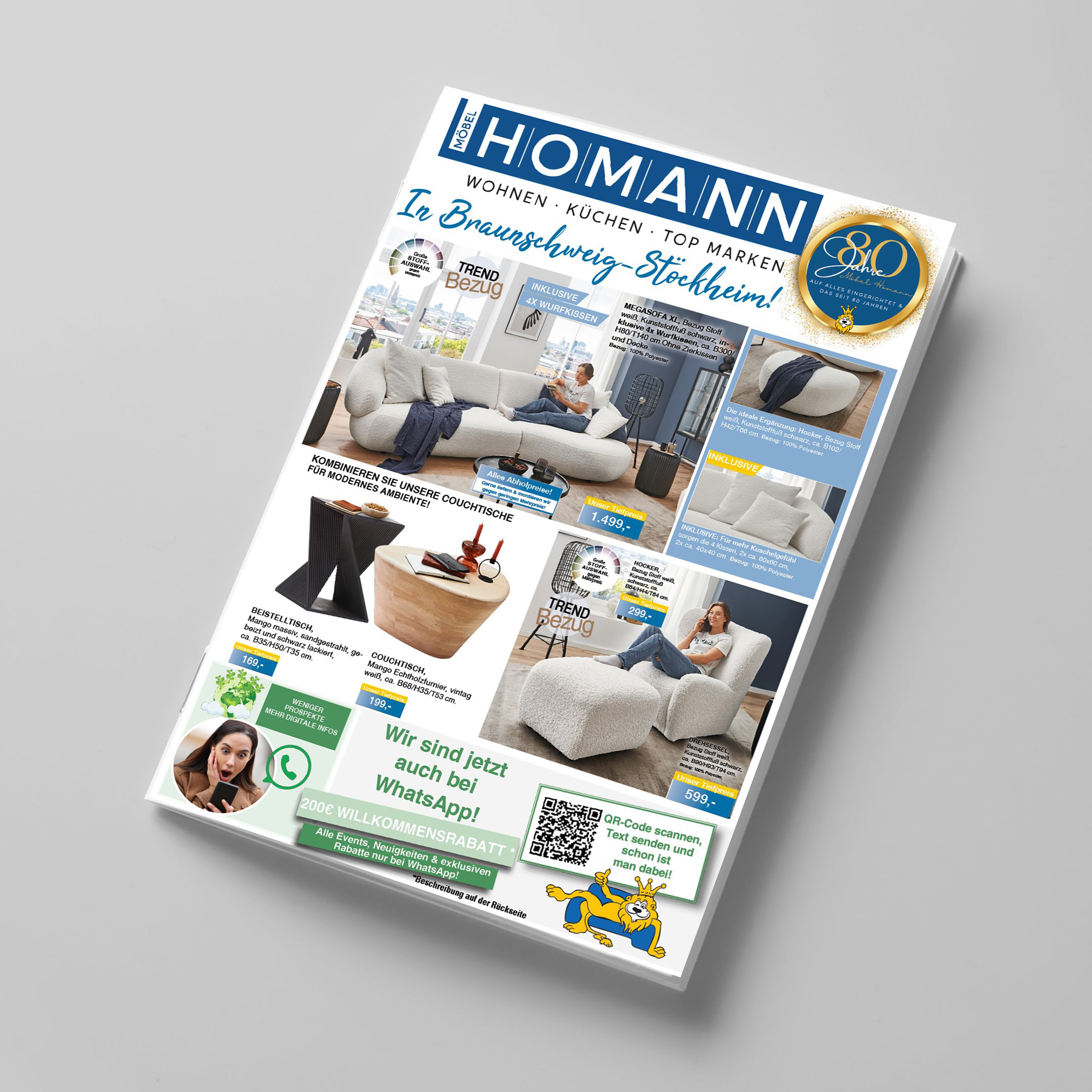 Aktueller Möbel Homann Flyer: Angebote für Sofas, Sessel, Couchtische, WhatsApp Kundenservice – Möbelhaus in Braunschweig-Stöckheim
