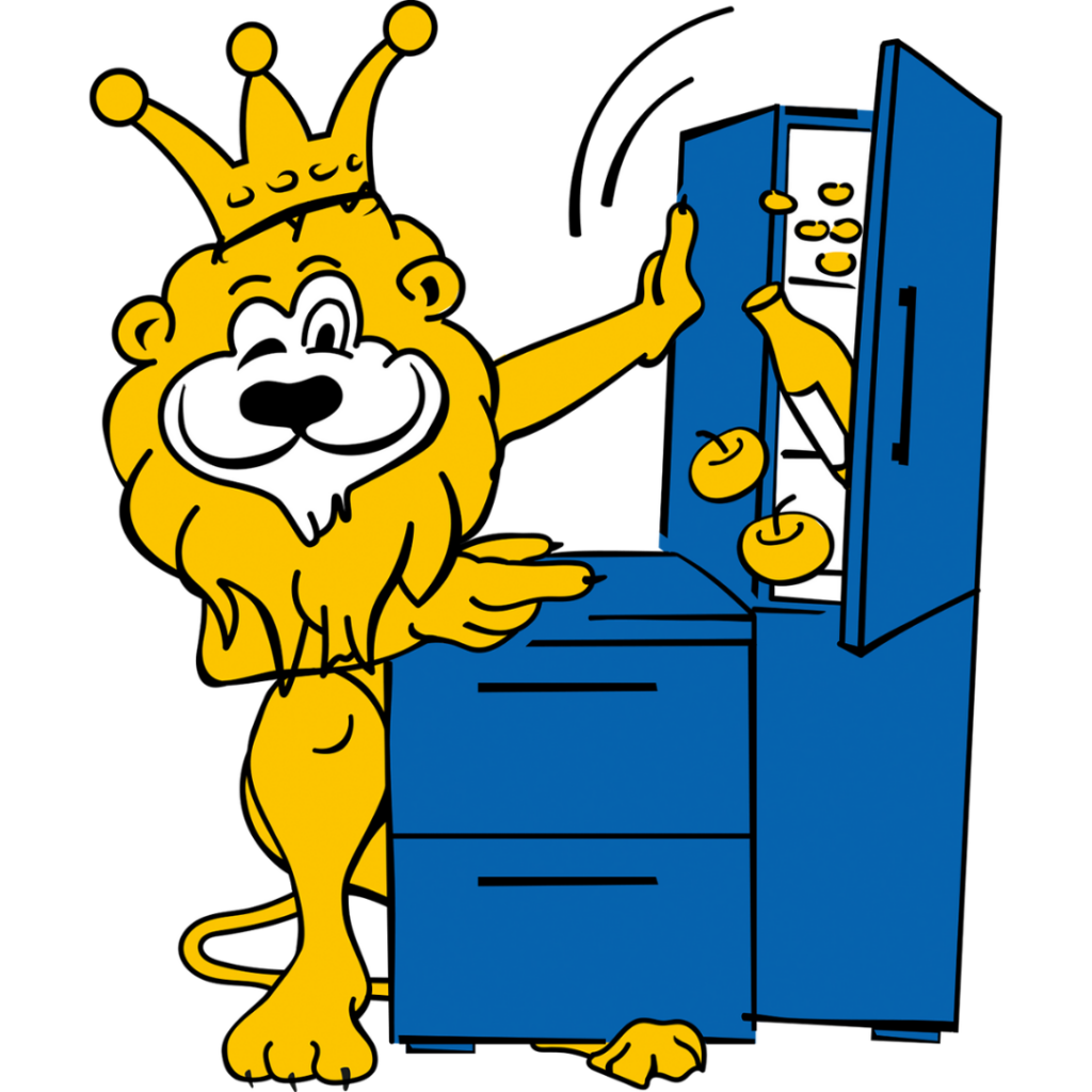 Gelber Löwe vor einem blauen Kühlschrank. Maskottchen von Möbel Homann