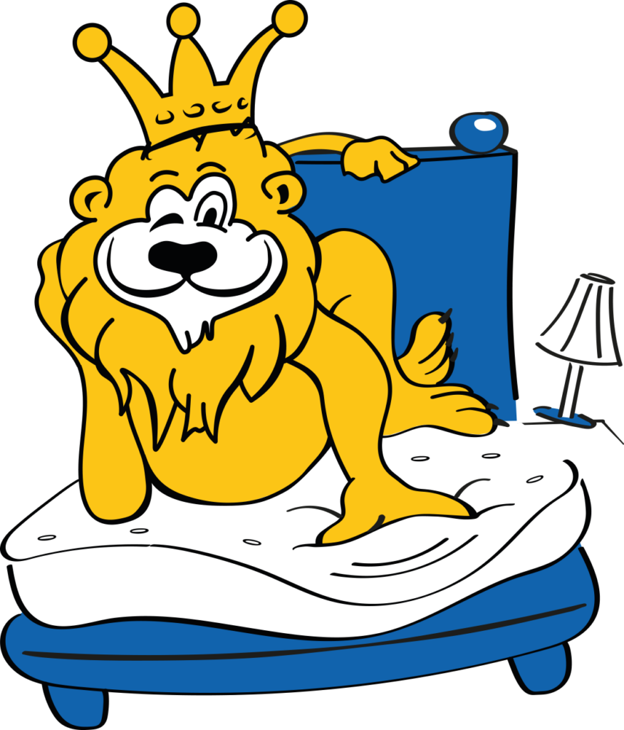 Illustration eines gelben Löwen mit Krone, der entspannt auf einem blauen Bett liegt und dabei charmant zwinkert. Rechts neben dem Bett steht eine kleine Lampe. Der Löwe wirkt königlich und gleichzeitig gemütlich – eine bildhafte Verbindung aus Komfort und Souveränität, ideal für die Markenwelt von comfortmaster.