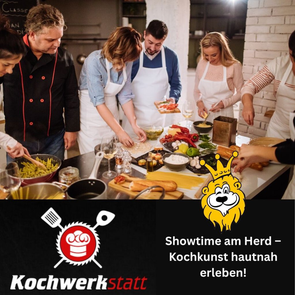 Teilnehmerinnen und Teilnehmer der Kochwerkstatt aus Peine bereiten am 03.12.2025 bei Möbel Homann gemeinsam Speisen in einer professionell ausgestatteten Küche zu. Auf dem großen Tisch liegen Zutaten wie Gemüse, Pasta und Gewürze. Einige Personen tragen Schürzen und sind aktiv mit Schneiden, Rühren oder Anrichten beschäftigt. Der Raum wirkt einladend und kreativ – ideal für gemeinsames Kochen und kulinarische Workshops. Ein Schriftzug im Bild kündigt an: ‚Showtime am Herd – Kochkunst hautnah erleben!