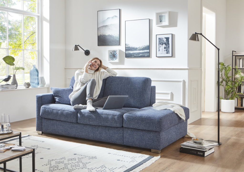 Stilvoll eingerichtetes Wohnzimmer mit blauem Schlafsofa, auf dem eine Person mit Laptop sitzt. Das Sofa steht vor einer Wand mit mehreren gerahmten Bildern und wird von einer Wandlampe sowie einer Stehlampe beleuchtet. Durch das große Fenster fällt Tageslicht in den Raum, auf der Fensterbank stehen Vase, Zimmerpflanze und Bücher. Ein Couchtisch mit Glas und Papieren sowie ein helles Teppichmuster ergänzen die Einrichtung. Rechts befindet sich ein Bücherregal mit weiteren Pflanzen – eine moderne, gemütliche Arbeits- und Wohnatmosphäre.
