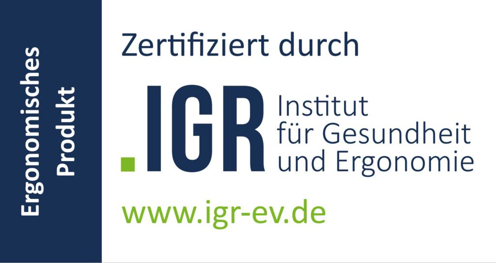 Ein Zertifikat mit dem Titel „Ergonomisches Produkt“, das die ergonomische Qualität eines Produkts bestätigt. Auf der linken Seite steht der Schriftzug in Weiß auf dunkelblauem Hintergrund. Auf der rechten Seite befindet sich die Angabe „Zertifiziert durch IGR Institut für Gesundheit und Ergonomie“ in dunkelblauer und grüner Schrift. Darunter ist die Internetadresse „www.igr-ev.de“ in grüner Schrift angegeben. Das Design vermittelt Seriosität und fachliche Autorität.