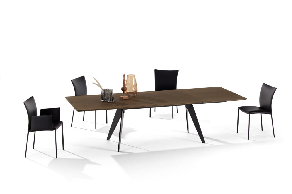 Moderner Essbereich mit rechteckigem Holztisch, schwarzen Designstühlen und dekorativen Accessoires wie Vase, Holzskulptur und Trockenblumenarrangement.
