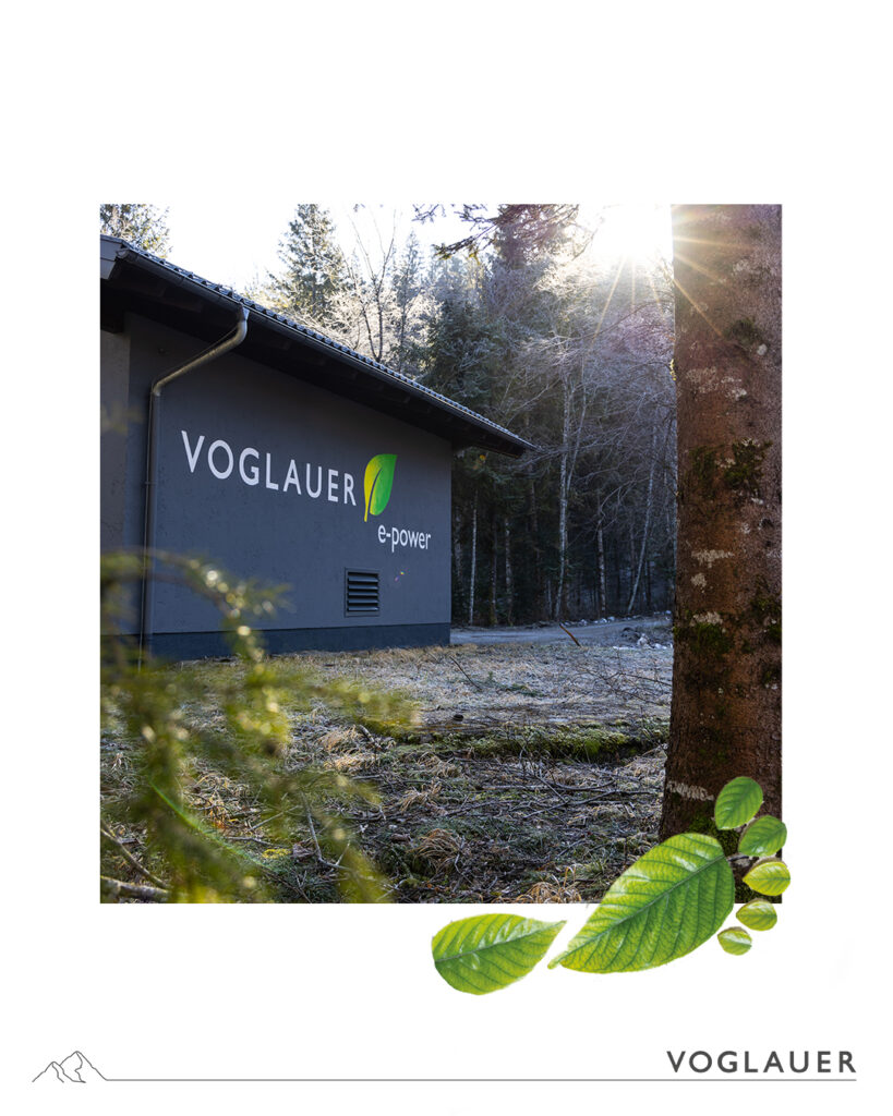 Kleines Gebäude mit „VOGLAUER e-power“-Logo im Wald; umgeben von Bäumen und Sonnenlicht; Symbol für nachhaltige Energie und Naturverbundenheit.