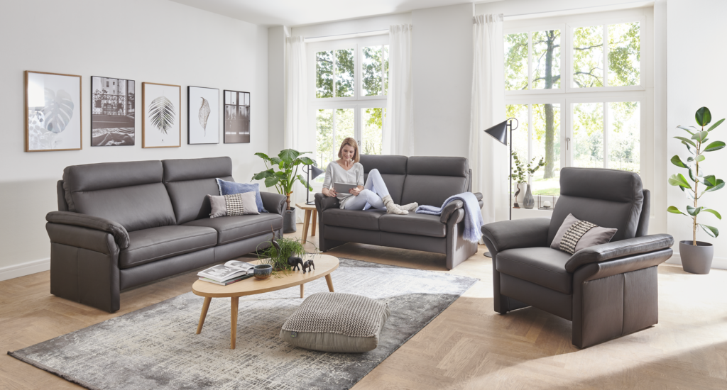 Modernes Wohnzimmer mit einer Sitzgruppe aus dunkelgrauem Leder, bestehend aus einem Dreisitzer, einem Zweisitzer und einem Sessel. Der Raum ist durch große Fenster hell erleuchtet. Zur Dekoration gehören gerahmte Bilder an der Wand, Zimmerpflanzen, eine Stehlampe sowie ein Couchtisch mit Büchern und kleinen Dekoobjekten. Ein grau-weiß gemusterter Teppich bedeckt teilweise den Holzboden, und vor dem Tisch liegt ein großes Bodenkissen. Die Einrichtung wirkt zeitgemäß und gemütlich.