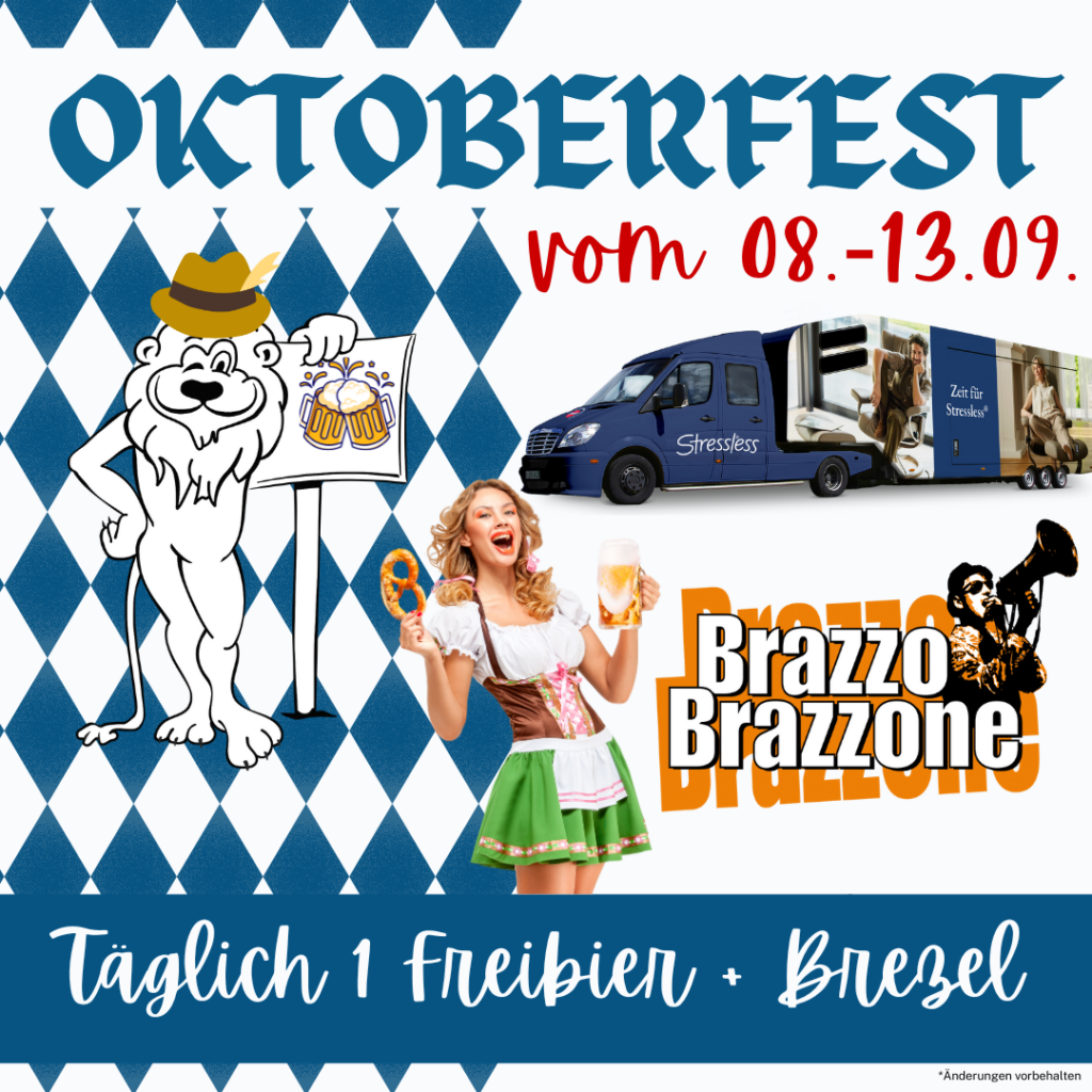 Werbeplakat für das Oktoberfest bei Möbel Homann vom 08. bis 13. September 2025 mit Cartoon-Löwe in Lederhose, Bierkrug und Brezel, Hinweis auf tägliches Freibier, Live-Band Brazzo Brazzone am 13.09. und Stressless-Truck zum Probesitzen vom 11.–13.09., gestaltet im bayrischen Stil mit Rauten-Hintergrund