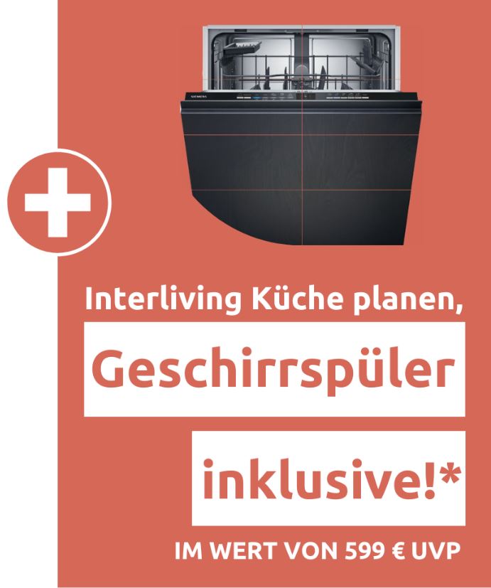 Werbebanner von Interliving mit rotem Hintergrund: Zu sehen ist ein moderner Geschirrspüler mit schwarzer Front. Text: ‚Interliving Küche planen, Geschirrspüler inklusive!* IM WERT VON 599 € UVP‘. Hinweis auf eine Aktion, bei der ein Geschirrspüler beim Küchenkauf kostenlos enthalten ist.
