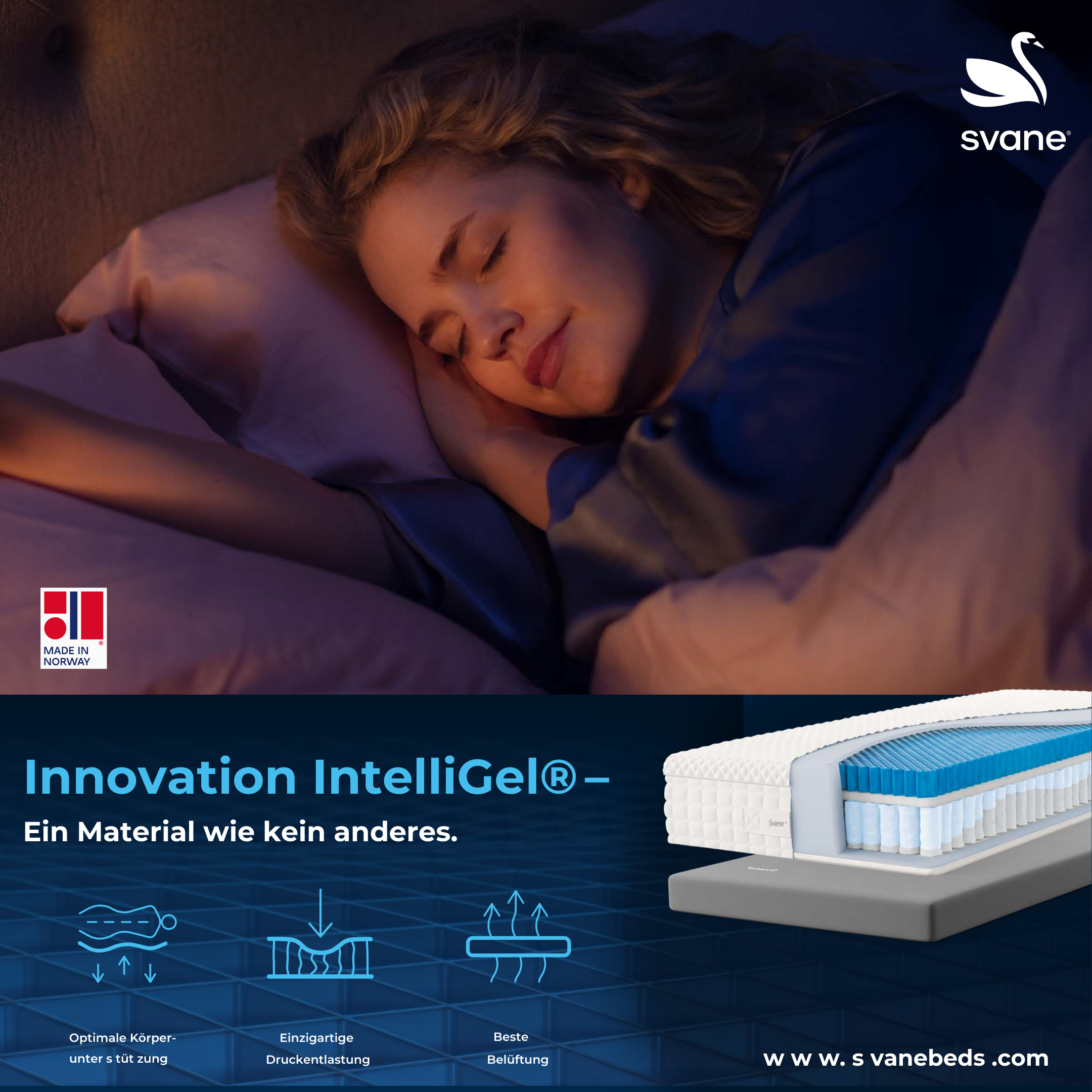 Frau schläft entspannt auf einem Svane-Bett mit rosa Bettwäsche. Unten im Bild Darstellung der IntelliGel®-Matratze mit Grafiken zur optimalen Körperunterstützung, einzigartigen Druckentlastung und besten Belüftung. Text: „Innovation IntelliGel® – Ein Material wie kein anderes.“ Logos von Svane und „Made in Norway