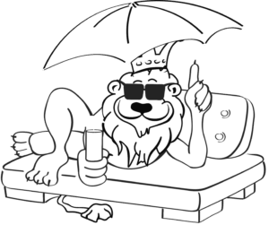 Ein gezeichneter Löwe mit Sonnenbrille und Krone sitzt entspannt auf einem gepolsterten Sessel unter einem Sonnenschirm, mit einem Drink in der Pfote und einem Finger lässig in die Luft gestreckt – ein königlicher Moment voller Sommerlaune und Humor.