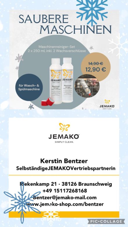 Winterliche Werbegrafik für das JEMAKO Maschinenreiniger-Set mit zwei 250-ml-Flaschen und roten Wachskappen, geeignet für Wasch- und Spülmaschinen. Preisaktion von 14,90 € auf 12,90 €, umgeben von Schneeflocken. Ideal für ein Adventskalender-Türchen mit Reinigungsfokus.