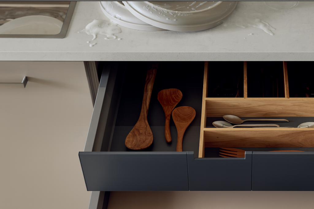Offene Küchenschublade mit Holzlöffeln und geordnetem Besteck in einem Organizer, moderne Arbeitsplatte mit Spülbecken und gestapeltem Geschirr.