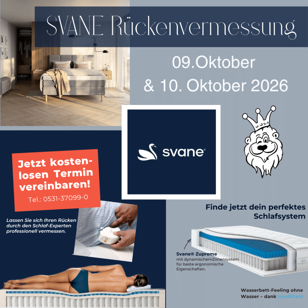 Werbegrafik zur SVANE‑Rückenvermessung am 9. und 10. Oktober 2026 mit Schlafzimmermotiv, SVANE‑Logo, Terminbox, Bildern einer professionellen Rückenmessung und einer ergonomischen Matratze