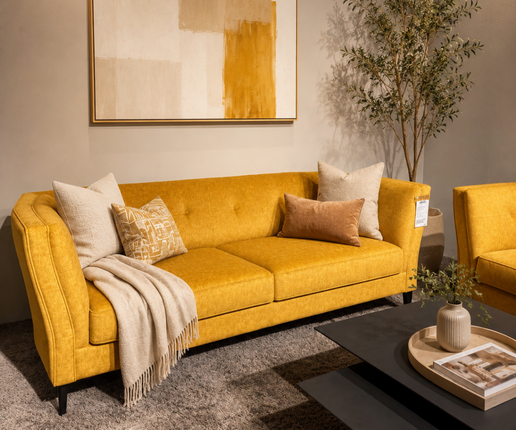 Ein stilvoll eingerichtetes Wohnzimmer mit einem senfgelben Sofa auf einem grauen Teppich. Das Sofa ist mit hellen und beigefarbenen Kissen sowie einer weichen Decke dekoriert. Darüber hängt ein großes abstraktes Gemälde in Weiß‑, Beige‑ und Senftönen in einem schmalen Holzrahmen. Rechts steht eine grüne Zimmerpflanze, die dem Raum Natürlichkeit verleiht. Auf dem schwarzen Couchtisch liegt ein rundes Tablett mit einer Vase, einem Buch und einem Zweig – alles in warmen, harmonischen Farben, die eine gemütliche Atmosphäre schaffen.