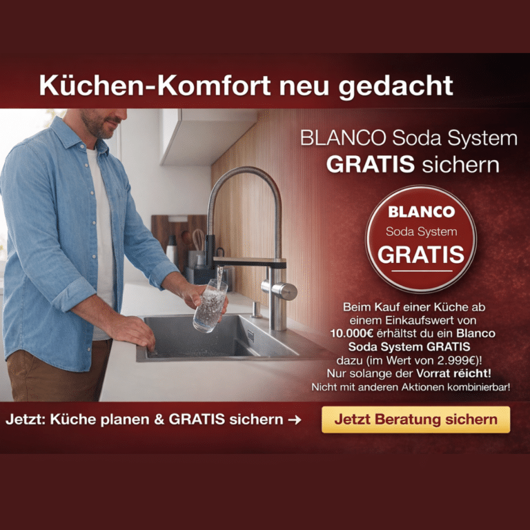 Moderne Küche mit Person, die ein Glas mit Wasser aus einem hochwertigen Küchenwasserhahn füllt; Werbetext für ein kostenloses BLANCO Soda System beim Küchenkauf.