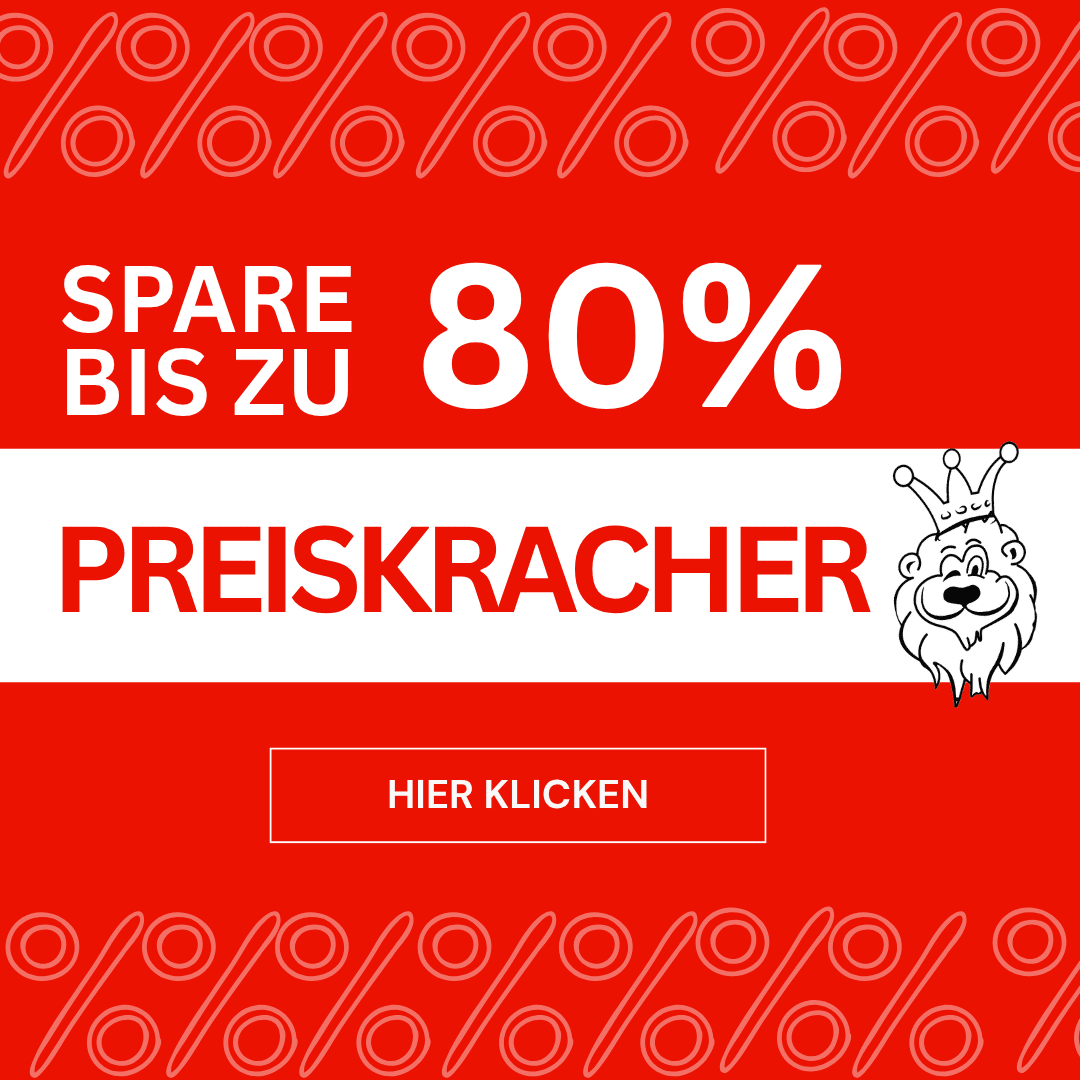 Rotes Werbebanner mit großem Text „Spare bis zu 80%“ und „Preiskracher“, dazu ein gezeichneter Löwe mit Krone.