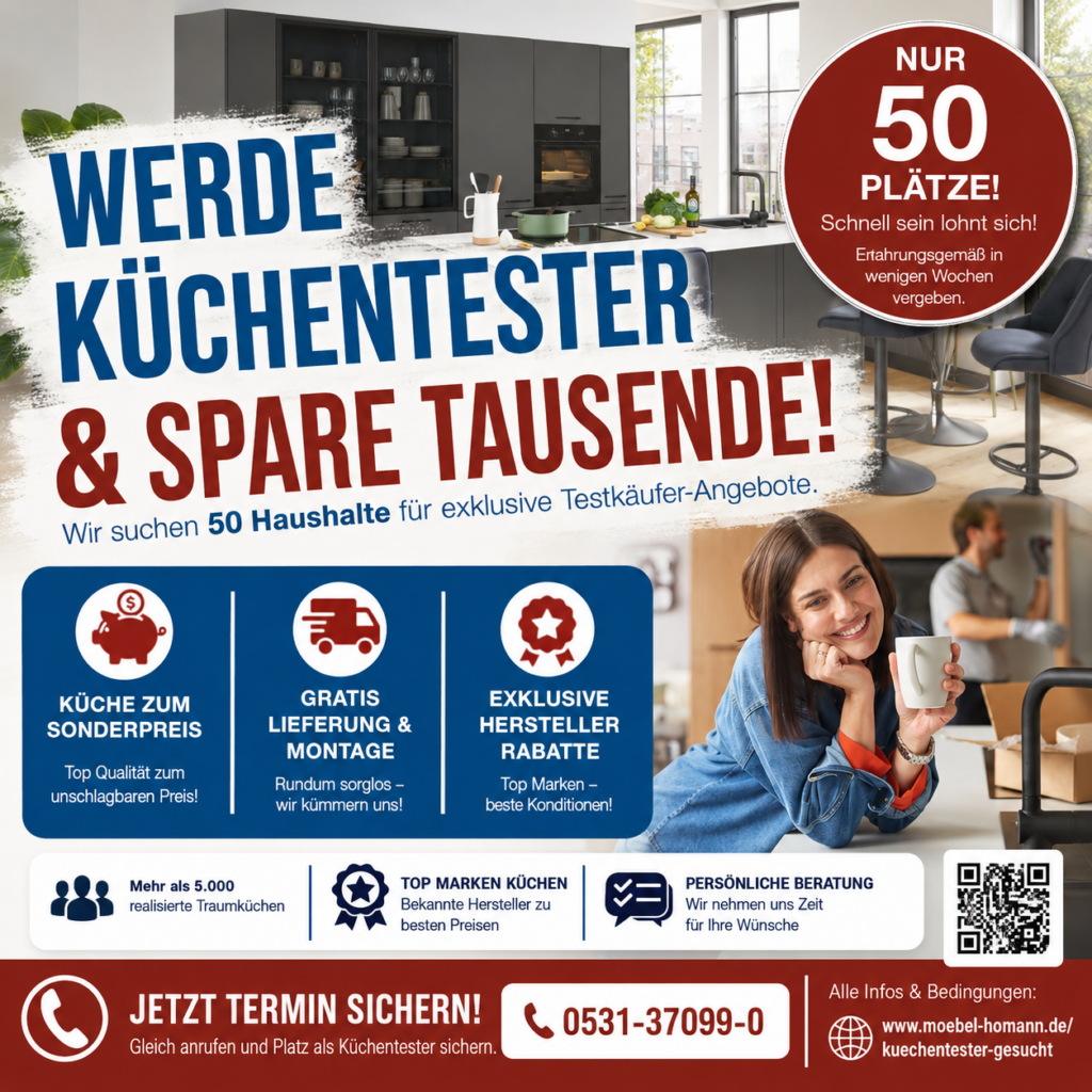 Werbegrafik zur Küchentester-Aktion von Möbel Homann mit moderner Küche, Hinweis auf 50 Plätze, exklusive Testkäufer-Angebote, Küche zum Sonderpreis, gratis Lieferung und Montage sowie Hersteller-Rabatte.