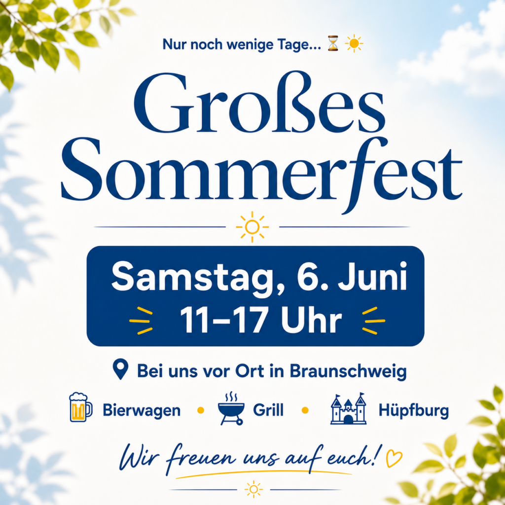Werbegrafik zum großen Sommerfest in Braunschweig am Samstag, 6. Juni von 11 bis 17 Uhr. Einladung mit sonnigem Hintergrund, blauen Schriftzügen und Symbolen für Bierwagen, Grill und Hüpfburg. Fröhliches Design mit Hinweis „Wir freuen uns auf euch!“ – perfekt für lokale Event‑Promotion und Familienaktionen.
