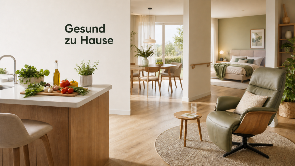 Helles Wohnambiente mit Küche, Essbereich, Relaxsessel und Schlafzimmer – Gesund zu Hause bei Möbel Homann