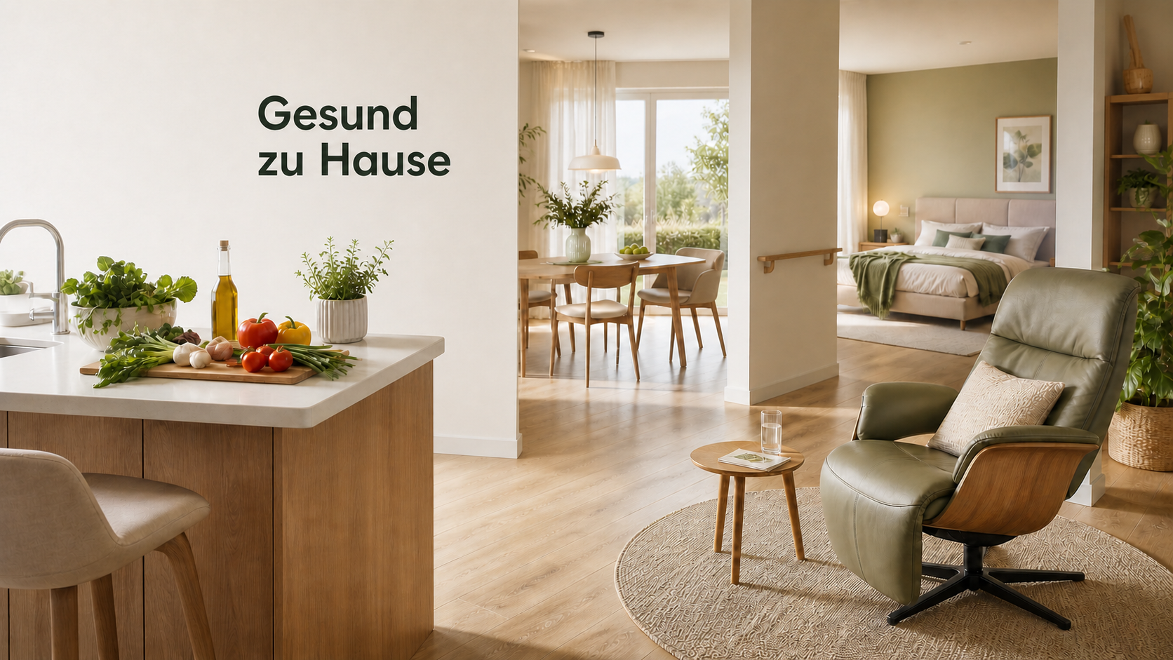 Helles Wohnambiente mit Küche, Essbereich, Relaxsessel und Schlafzimmer – Gesund zu Hause bei Möbel Homann