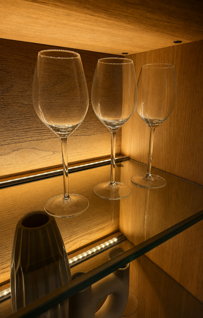Beleuchtete Caya Vitrine aus Eichenholz mit Gläsern