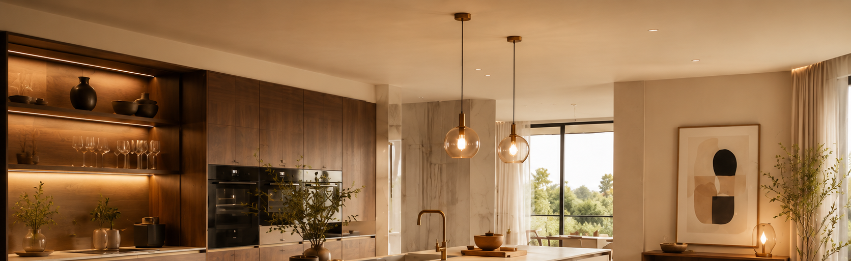 Moderne offene Küche mit großer Kochinsel, warmen Holzelementen und eleganter Beleuchtung.