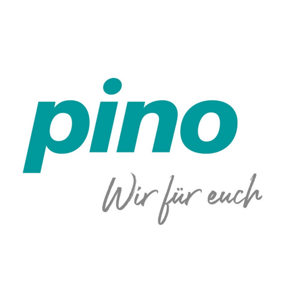 pino Logo in türkisfarbener, runder Schrift mit grauem handschriftlichen Zusatz „Wir für euch“.