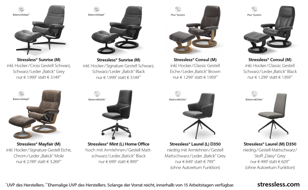 Stressless Lagerware Aktion 2026 Roll‑Up mit verschiedenen Modellen, Preisvorteilen und Hinweis auf kurze Lieferzeit.