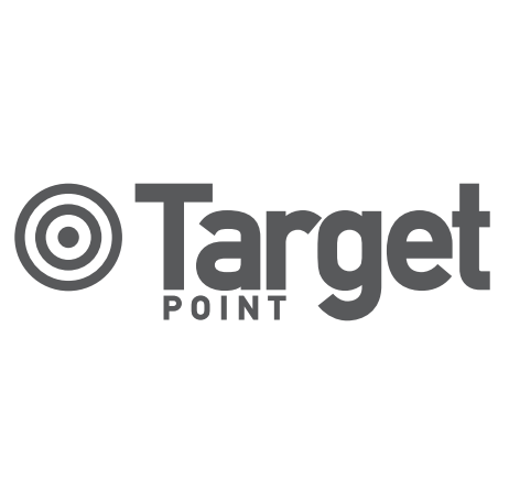 Graues Target POINT Logo mit modernem Schriftzug und stilisiertem @‑Symbol.