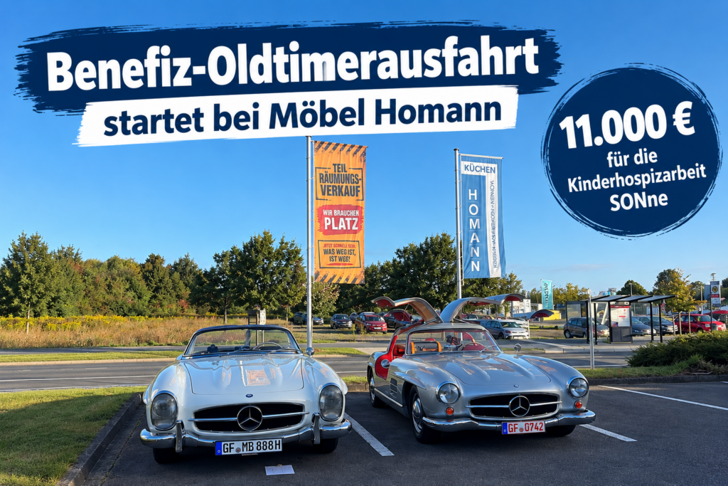 Zwei Oldtimer beim Start der Benefiz-Oldtimerausfahrt bei Möbel Homann in Braunschweig