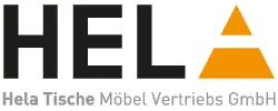 Logo der Marke HELA mit schwarzem Schriftzug und orangefarbenem, dreieckigem A‑Symbol; darunter Firmenbezeichnung „Hela Tische Möbel Vertriebs GmbH