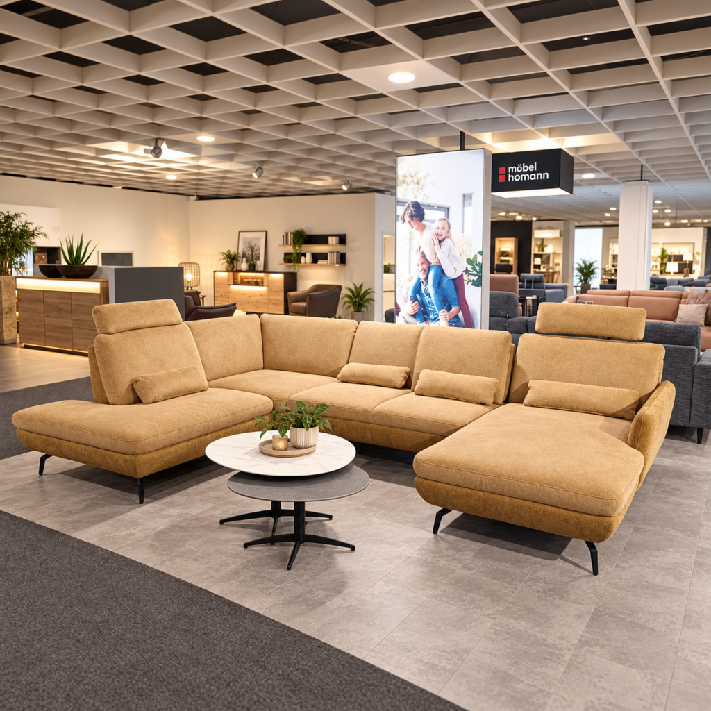 Beiges Ecksofa mit Relaxfunktion in der Ausstellung von Möbel Homann