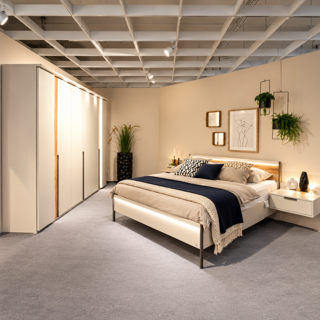Interliving Schlafzimmer 1035 mit Bett, Kleiderschrank und Nachtkonsole in der Ausstellung von Möbel Homann