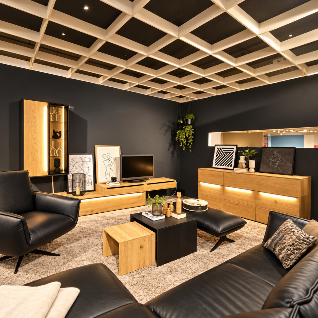 Interliving Wohnwand in Holzoptik mit beleuchteten Elementen und schwarzen Polstermöbeln in der Ausstellung von Möbel Homann