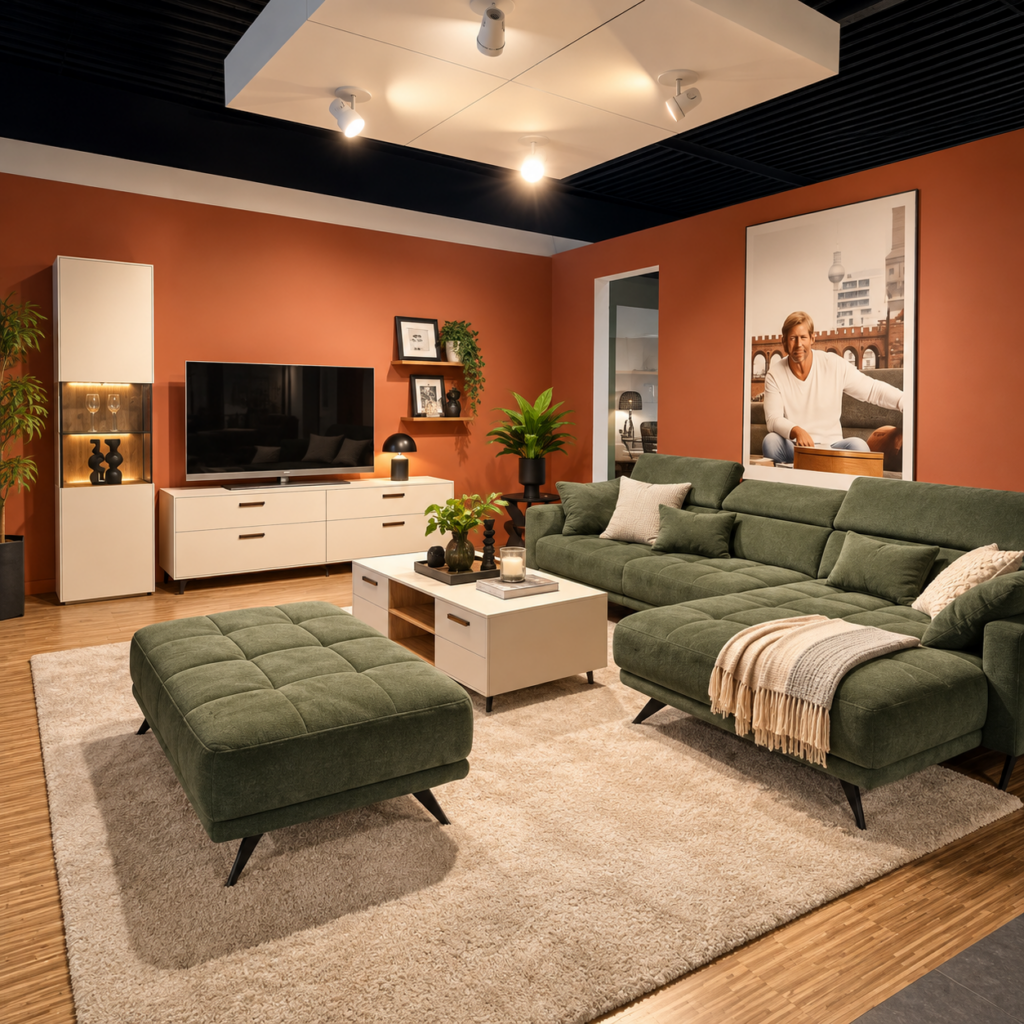 Interliving Wohnbereich mit grünem Ecksofa, Hocker und Wohnmöbeln in der Ausstellung von Möbel Homann