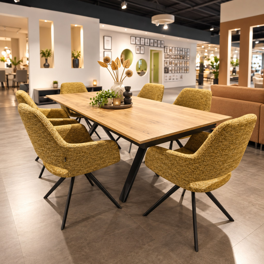 Interliving Essgruppe mit Holztisch und sechs gepolsterten Stühlen in der Ausstellung von Möbel Homann