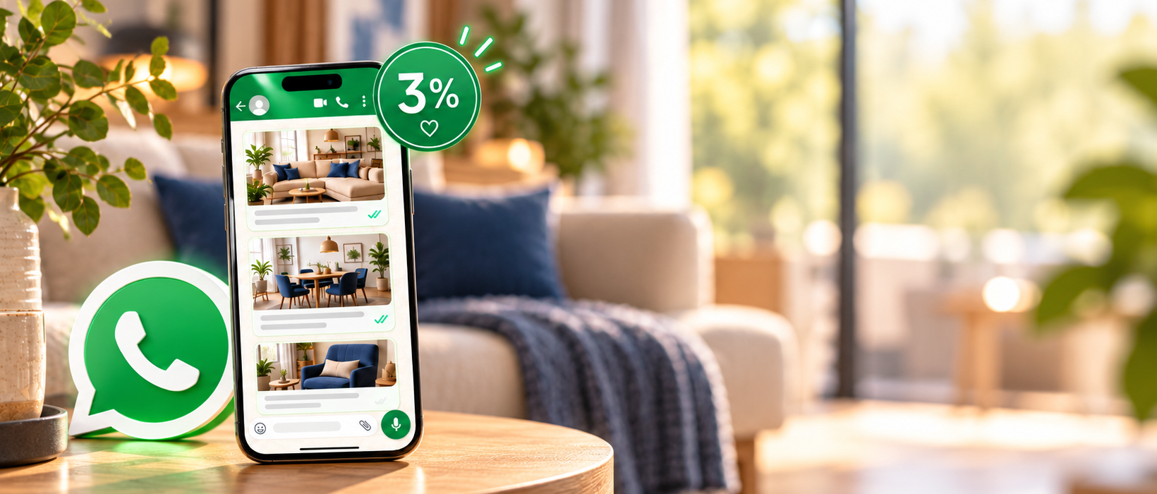 Smartphone mit WhatsApp-News und 3-Prozent-Rabatt vor modernem Wohnambiente