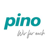 pino Logo in türkisfarbener, runder Schrift mit grauem handschriftlichen Zusatz „Wir für euch“.